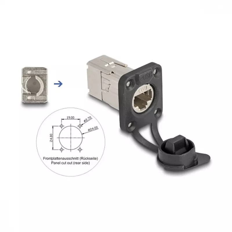 Delock D-Type RJ45 Panel Mount Jack Cat.6A STP with LSA Termination and IP66 Protective Cap
