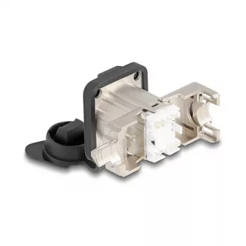 Delock D-Type RJ45 Panel Mount Jack Cat.6A STP with LSA Termination and IP66 Protective Cap