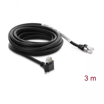 Delock GigE Camera Cable Cat.6 S/FTP 3m, RJ45 90° Angled Plug with Screws (28mm) to RJ45 Straight Plug, Black