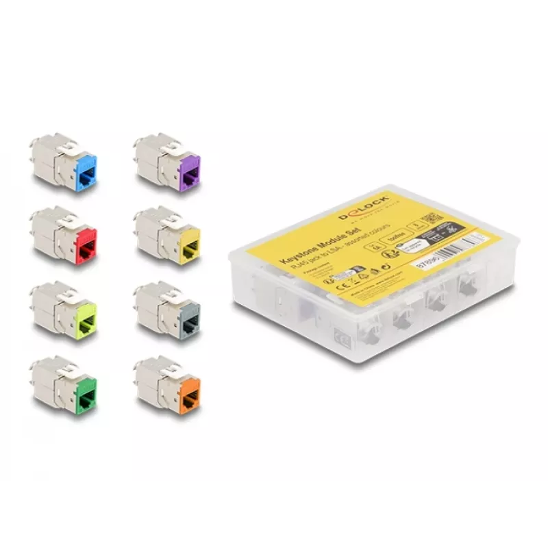 Delock Keystone Module RJ-45 Female to LSA Female STP CAT 6a, 8-Pack (Grey, Blue, Yellow, Red, Green, Orange, Violet, Neon Yellow) 87896