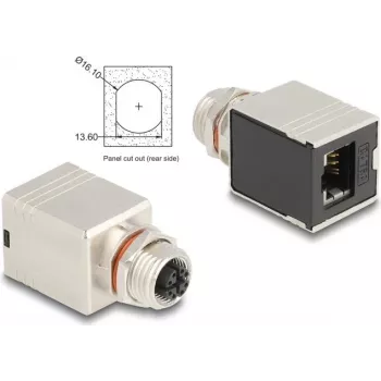 Delock M12 Adapter X-coded 8 Pin Female to RJ45 Female Cat.6A STP Shielded Straight