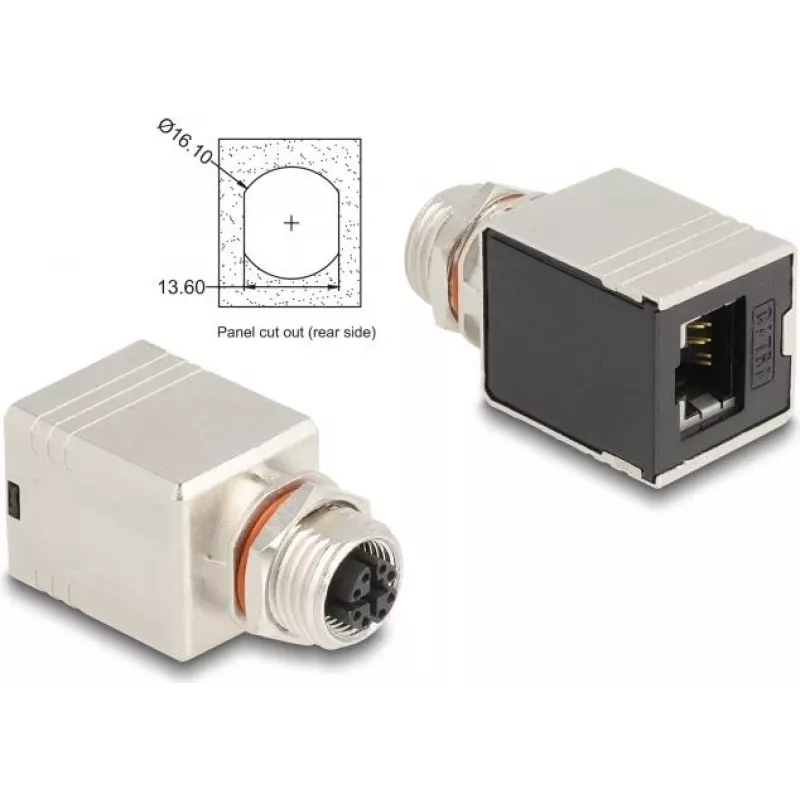 Delock M12 Adapter X-coded 8 Pin Female to RJ45 Female Cat.6A STP Shielded Straight