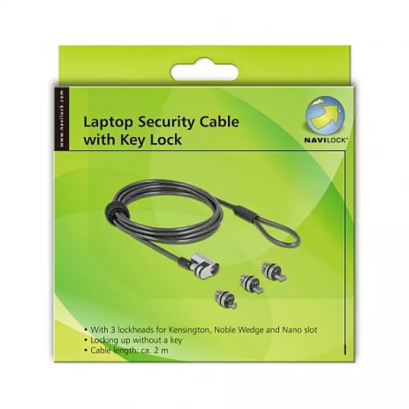Delock Navilock Notebook Security Cable with 3 Locking Heads for Kensington, Noble Wedge and Nano Slot (20676)