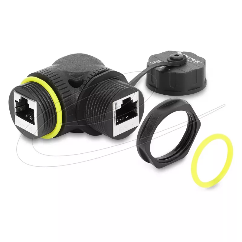 Delock RJ45 Coupler Cat.6 Female to Female with M23 x 1.5 mm Thread and Protective Cap, 90° Angled, IP68, Black