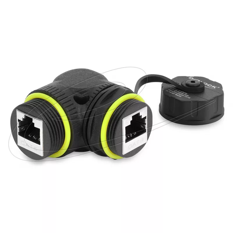 Delock RJ45 Coupler Cat.6 Female to Female with M23 x 1.5 mm Thread and Protective Cap, 90° Angled, IP68, Black