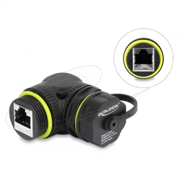 Delock RJ45 Coupler Cat.6 Female to Female with M23 x 1.5 mm Thread and Protective Cap, 90° Angled, IP68, Black