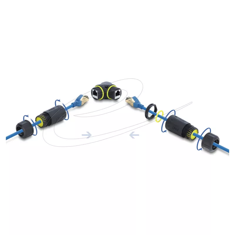 Delock RJ45 Female to RJ45 Female Cat.6 Coupler with M23 x 1.5 mm Thread, 90° Angled, IP68 Dust- and Waterproof, Black