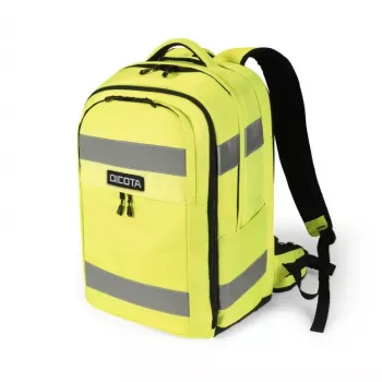 DICOTA Backpack HI-VIS 32-38 Litre, Black with Neon Yellow Accents, Recycled PET, Water-Repellent, 15.6 inch Laptop Compartment