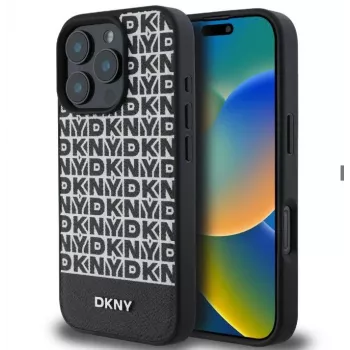 DKNY Apple iPhone 16 Pro Max PU Leather Repeat Pattern Bottom Stripe MagSafe Case Black