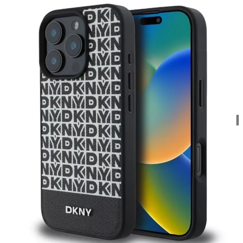 DKNY Apple iPhone 16 Pro Max PU Leather Repeat Pattern Bottom Stripe MagSafe Case Black