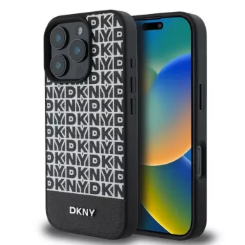 DKNY Apple iPhone 16 Pro PU Leather Repeat Pattern Bottom Stripe MagSafe Case Black