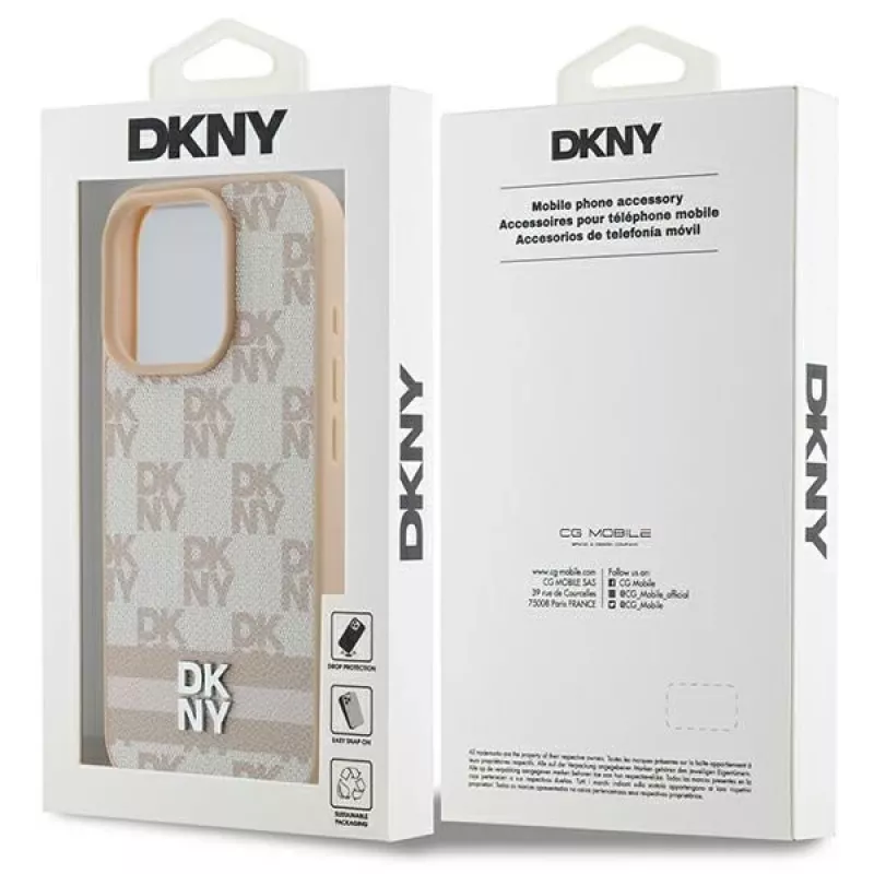 DKNY Checkered Pattern & Printed Stripes iPhone 16 Pro Case - Pink