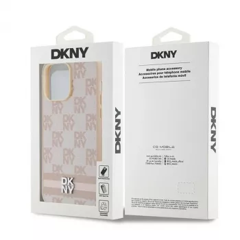 DKNY Leather Checkered Mono Pattern & Printed Stripes Case for iPhone 14 Pro Max - Pink