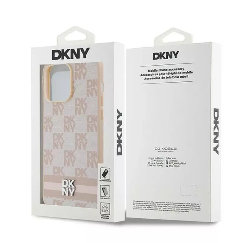 DKNY Leather Checkered Mono Pattern & Printed Stripes Case for iPhone 14 Pro Max - Pink