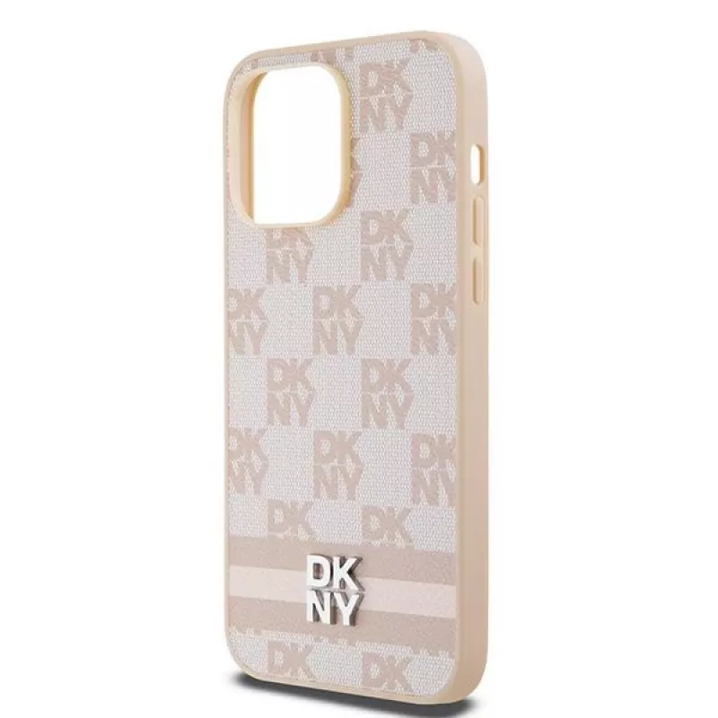 DKNY Leather Checkered Mono Pattern & Printed Stripes Case for iPhone 14 Pro Max - Pink