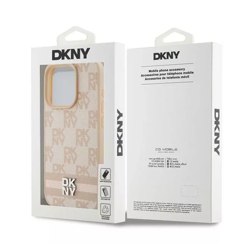 DKNY Leather Checkered Mono Pattern & Printed Stripes Case for iPhone 15 Pro - Pink