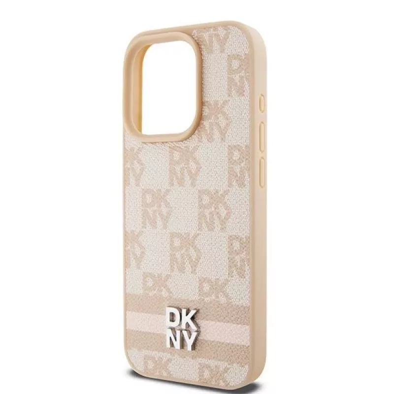 DKNY Leather Checkered Mono Pattern & Printed Stripes Case for iPhone 15 Pro - Pink