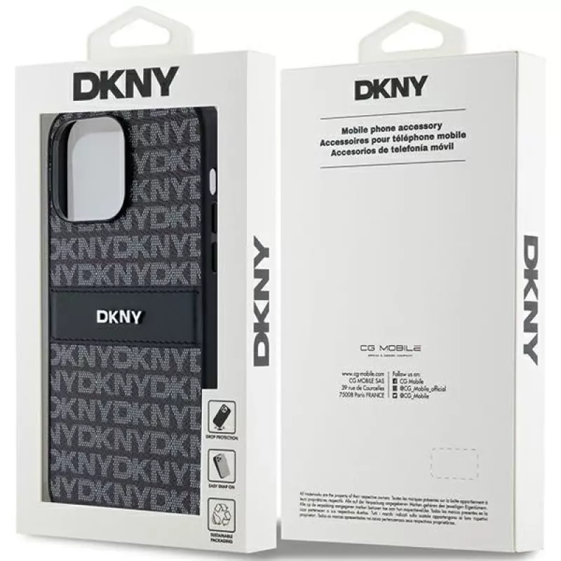 DKNY Leather Mono Stripe & Metal Logo Case for iPhone 14 Pro Max - Black
