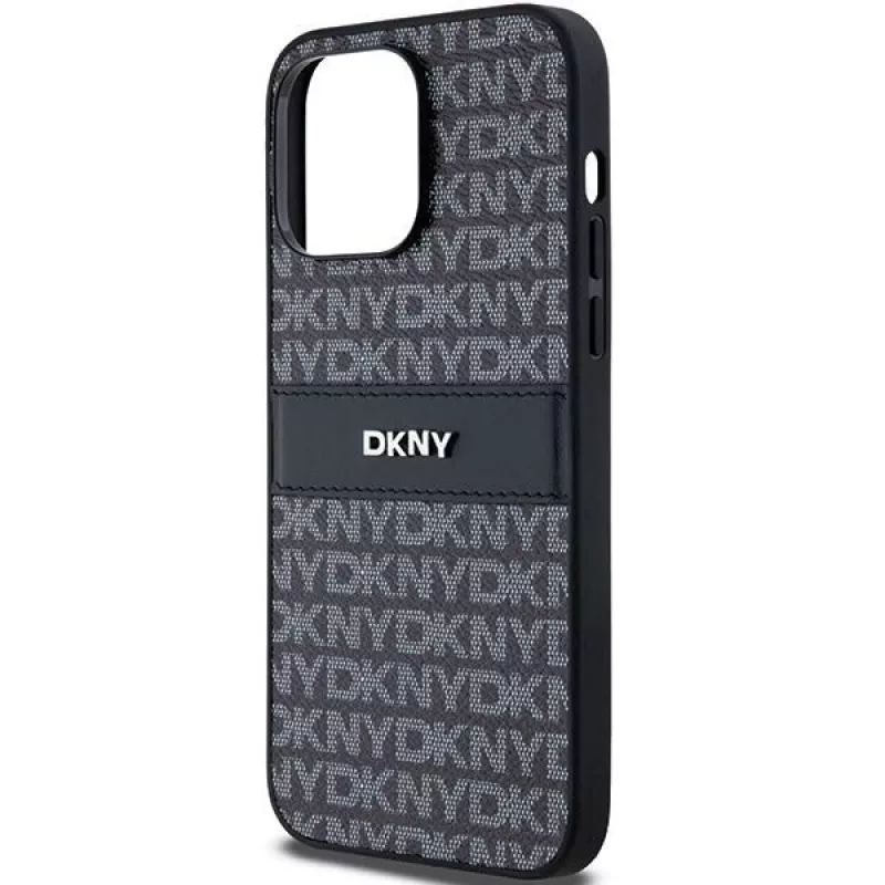 DKNY Leather Mono Stripe & Metal Logo Case for iPhone 14 Pro Max - Black