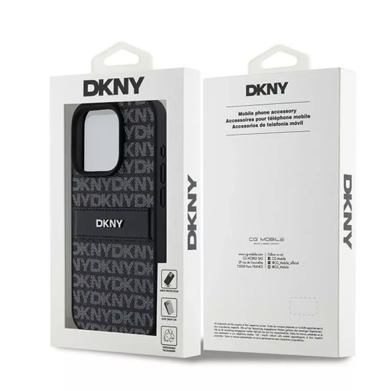 DKNY Leather Mono Stripe & Metal Logo Case for iPhone 15 Pro - Black