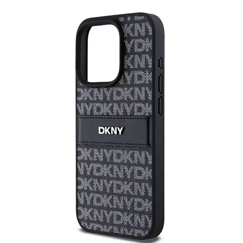 DKNY Leather Mono Stripe & Metal Logo Case for iPhone 15 Pro - Black