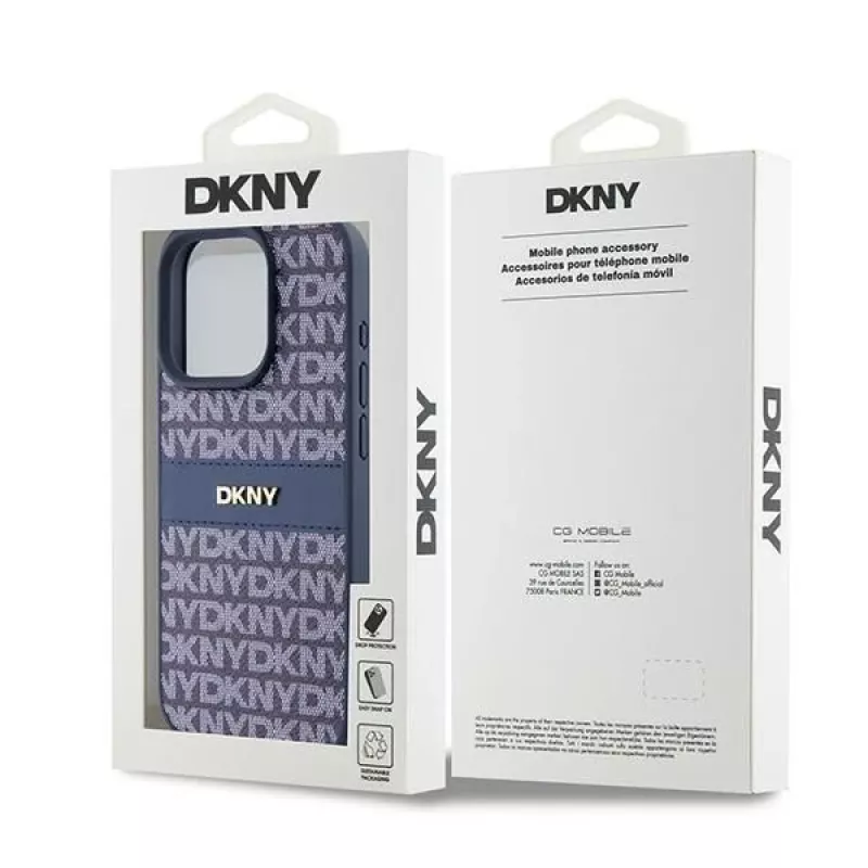 DKNY Leather Mono Stripe & Metal Logo Case for iPhone 15 Pro - Blue
