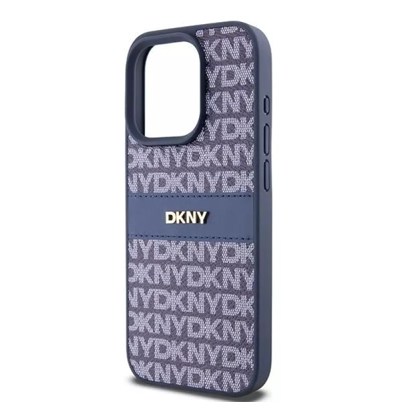 DKNY Leather Mono Stripe & Metal Logo Case for iPhone 15 Pro - Blue