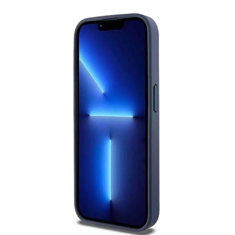 DKNY Leather Mono Stripe & Metal Logo Case for iPhone 15 Pro - Blue