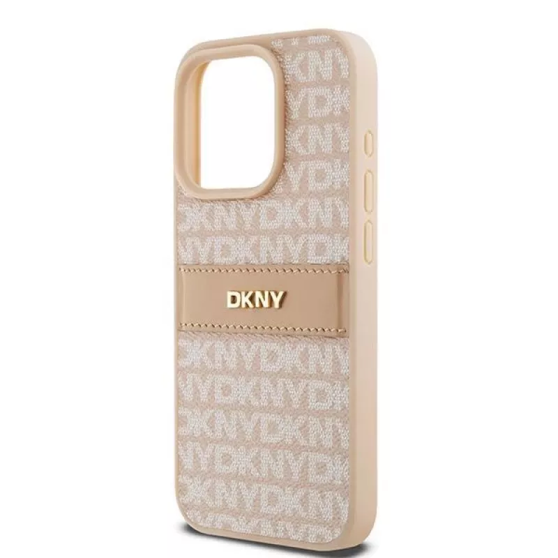 DKNY Leather Mono Stripe & Metal Logo Case for iPhone 15 Pro - Pink