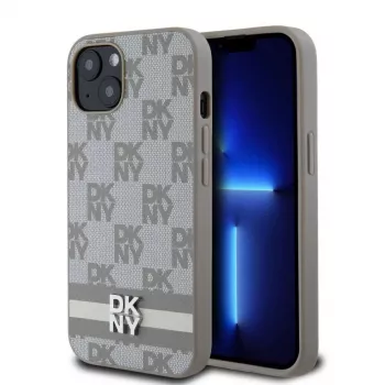 DKNY PU Leather Checkered Pattern and Stripe Case for iPhone 13 Beige