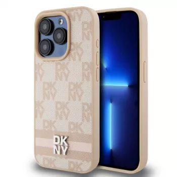 DKNY PU Leather Checkered Pattern and Stripe Case for iPhone 13 Pro Pink