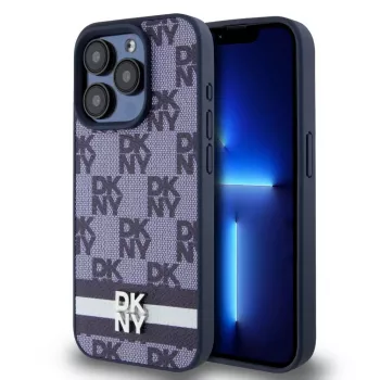 DKNY PU Leather Checkered Pattern and Stripe Case for iPhone 15 Pro Max Blue