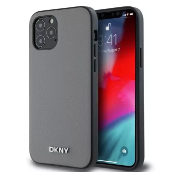 DKNY PU Leather MagSafe Case for iPhone 12/12 Pro with Silver Metal Logo - Grey