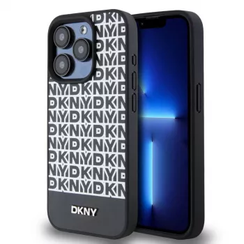 DKNY PU Leather Repeat Pattern Bottom Stripe MagSafe Case for iPhone 14 Pro Max - Black
