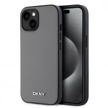 DKNY PU Leather Silver Metal Logo MagSafe Case for iPhone 13 - Grey