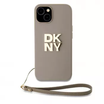 DKNY PU Leather Stack Logo Wrist Strap Case for iPhone 13 Pro Max Beige