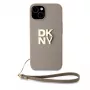 DKNY PU Leather Stack Logo Wrist Strap Case for iPhone 13 Pro Max Beige