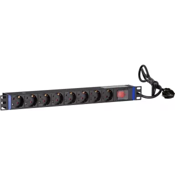 DSIT DS-8PDU-S 19-inch Rack PDU with Switch, 8x Schuko Outlets, 2m Cable, 16A/3680W – Black/Silver