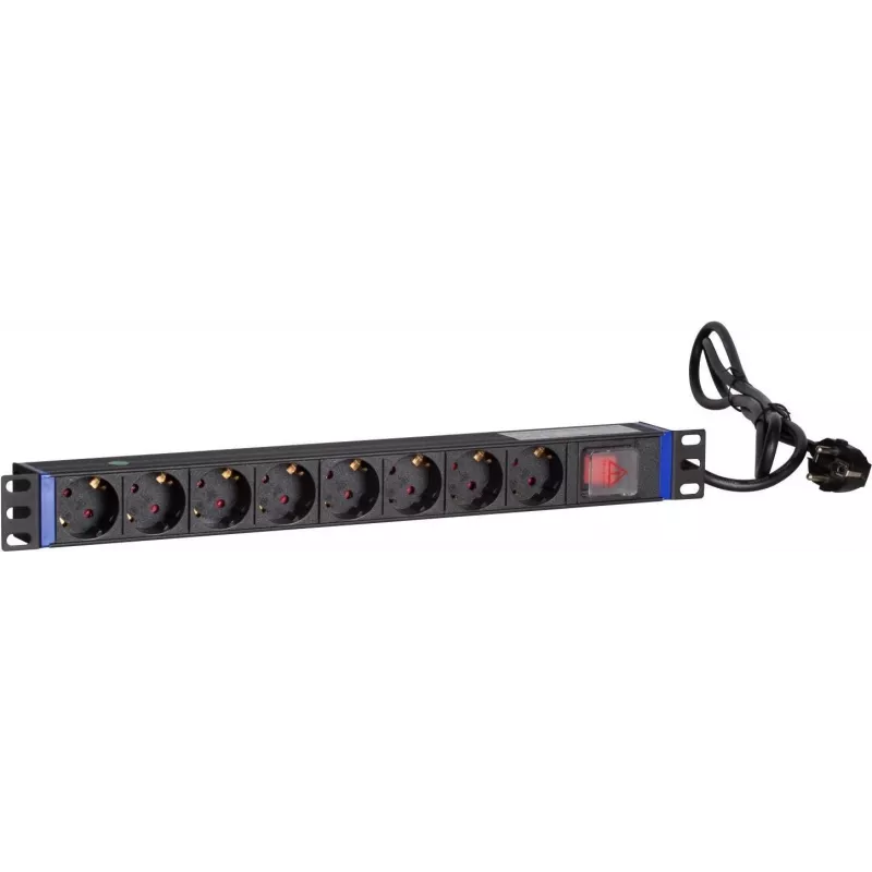 DSIT DS-8PDU-S 19-inch Rack PDU with Switch, 8x Schuko Outlets, 2m Cable, 16A/3680W – Black/Silver