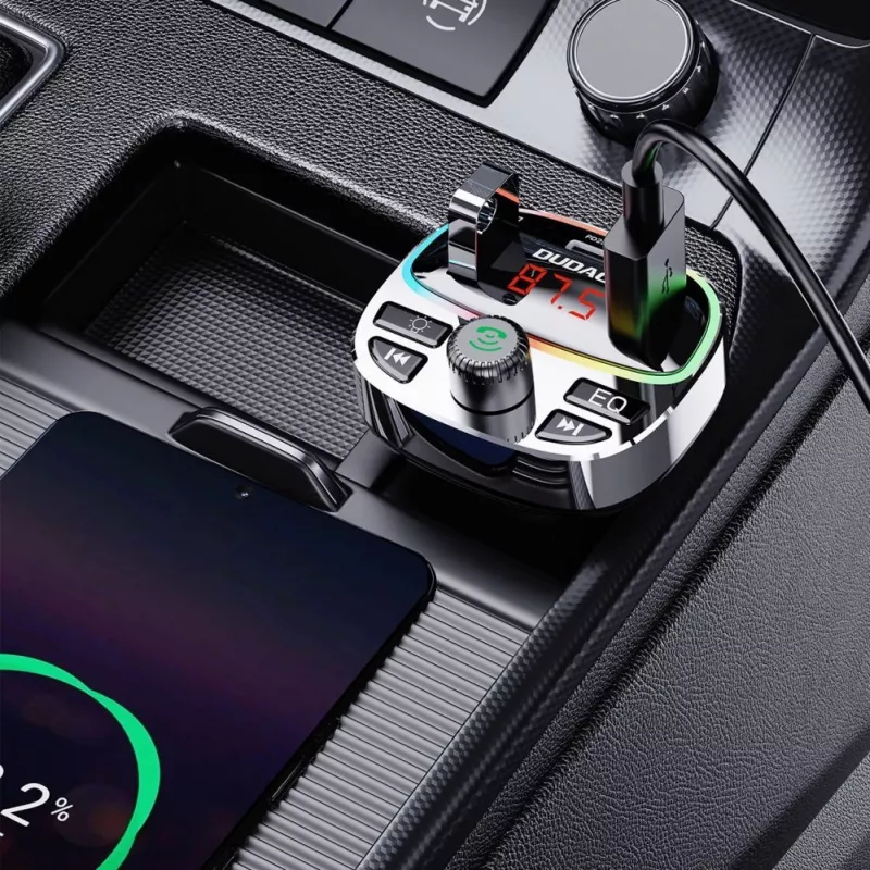 Dudao R2PRO+ Car FM Transmitter with PD25W Bluetooth 5.3 RGB Charging Ports - Black and Silver