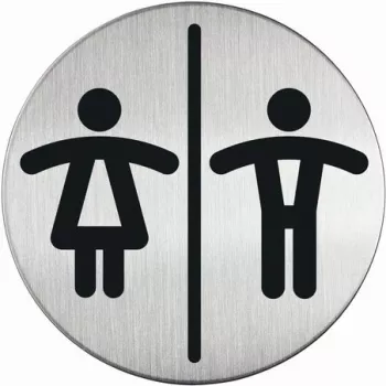 DURABLE PICTO WC Unisex Restroom Sign, Round, Silver, Self-Adhesive, 83 mm, 1 Piece 492023