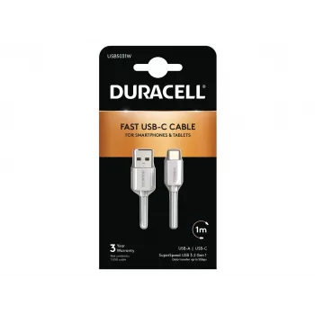 Duracell USB5031W USB-A to USB-C Cable 1m USB 3.2 Gen 1 5Gbps White