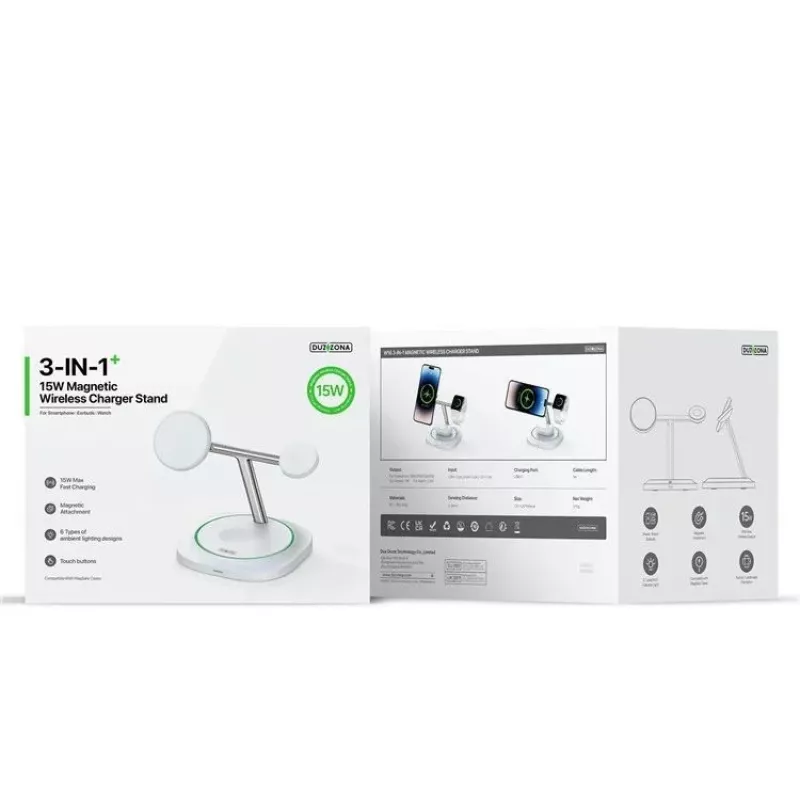 Duzzona W16 15W 3-in-1 Magnetic Wireless Charger White