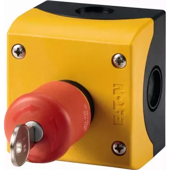 Eaton M22-PVS/KC11/IY Emergency Stop Mushroom Head Key-Operated Switch, 1NC/1NO, 22.5mm, IP66, Red