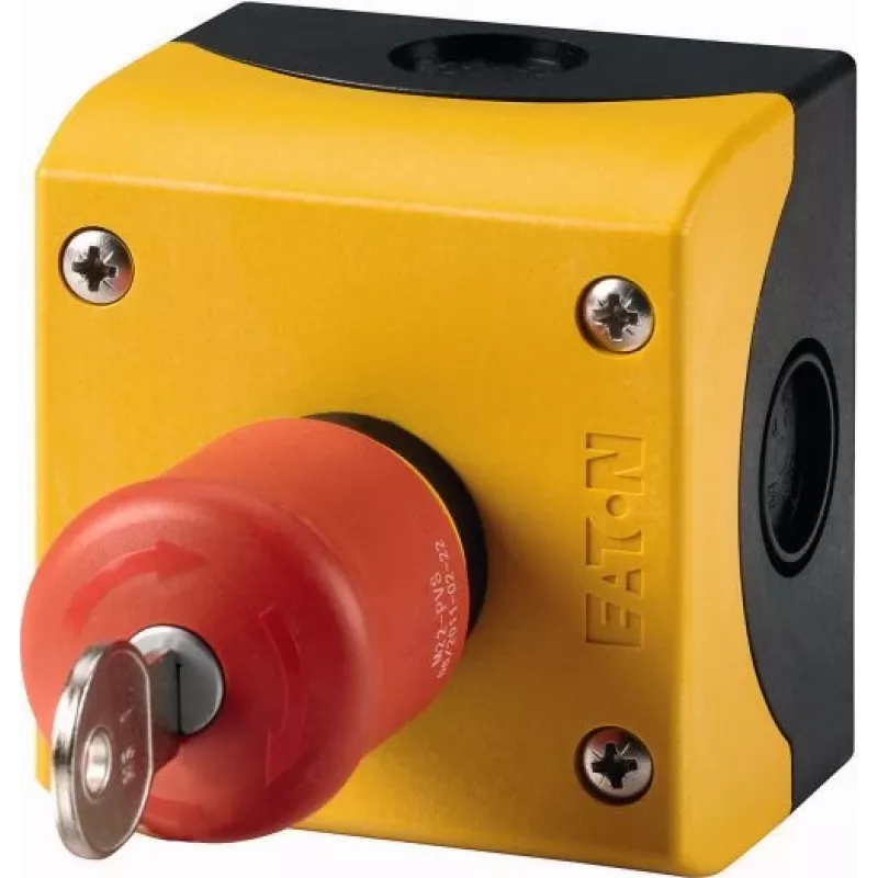 Eaton M22-PVS/KC11/IY Emergency Stop Mushroom Head Key-Operated Switch, 1NC/1NO, 22.5mm, IP66, Red