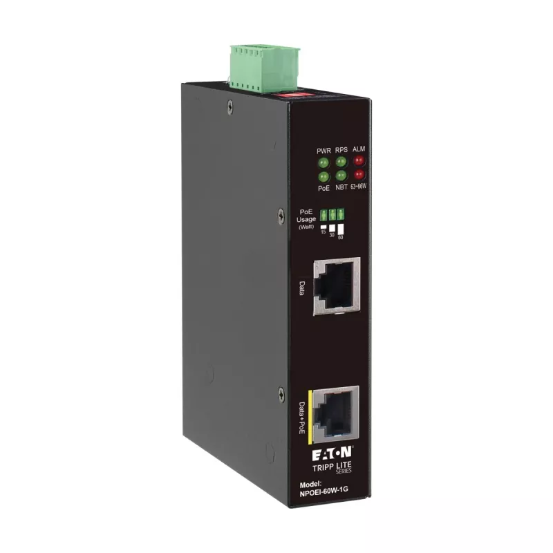 Eaton Tripp Lite Series Industrial Gigabit PoE++ Injector, 60W, 802.3bt, Midspan, -40°C to 75°C, IP30, Dual 24-57VDC, DIN Rail, 1-Port, Black