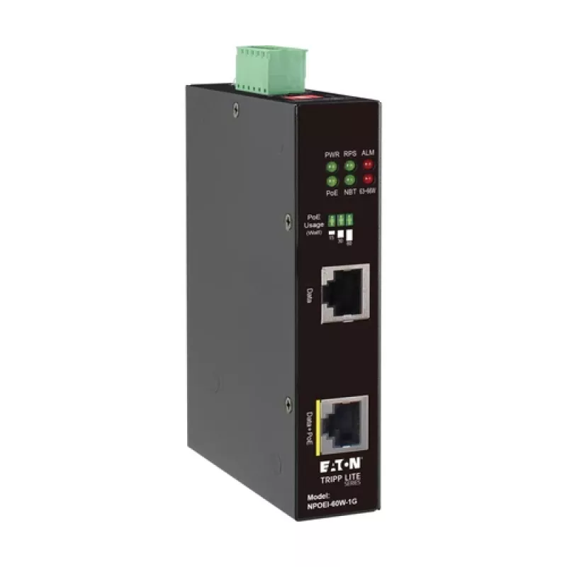Eaton Tripp Lite Series Industrial Gigabit PoE++ Injector, 60W, 802.3bt, Midspan, -40°C to 75°C, IP30, Dual 24-57VDC, DIN Rail, 1-Port, Black