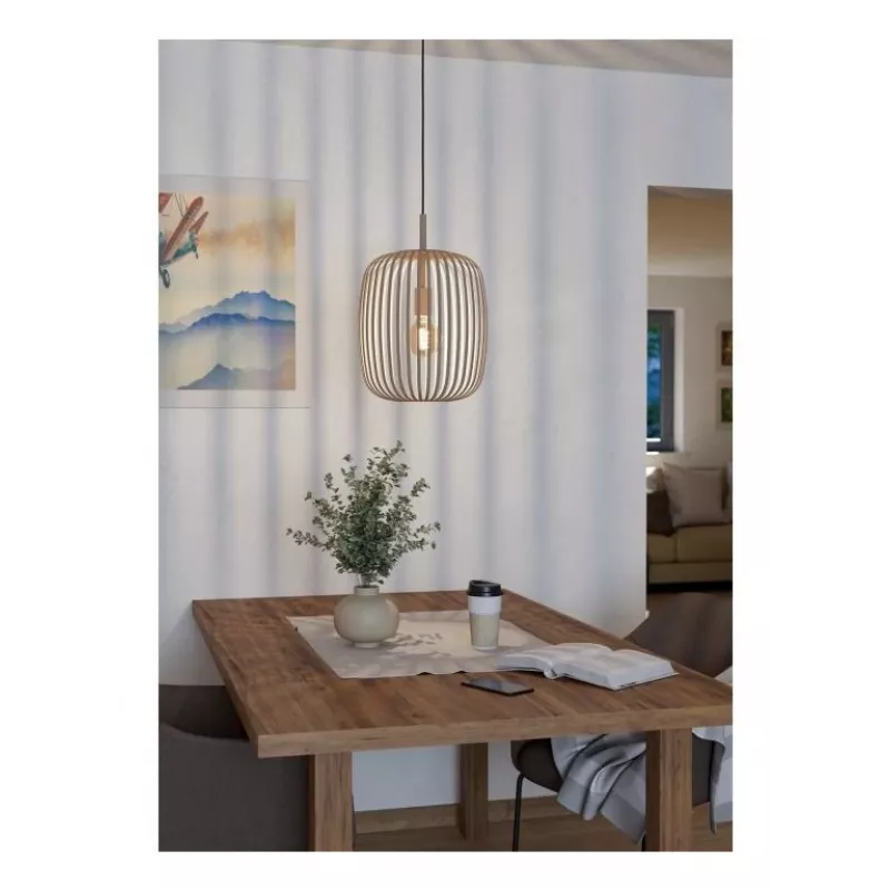 EGLO ROMAZZINA Pendant Lamp, 1 x E27, Beige Fabric Shade, Steel, IP20, Dimmable, Max 60W