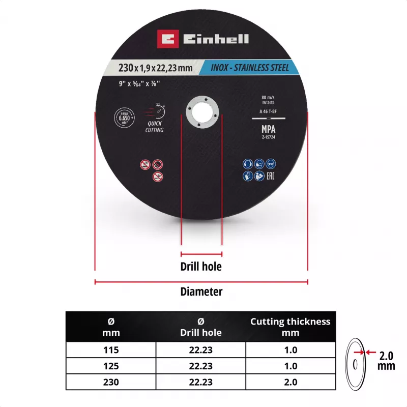 Einhell 230 x 2.0 mm Thin Cutting Discs for Angle Grinders, 10-Pack 711524