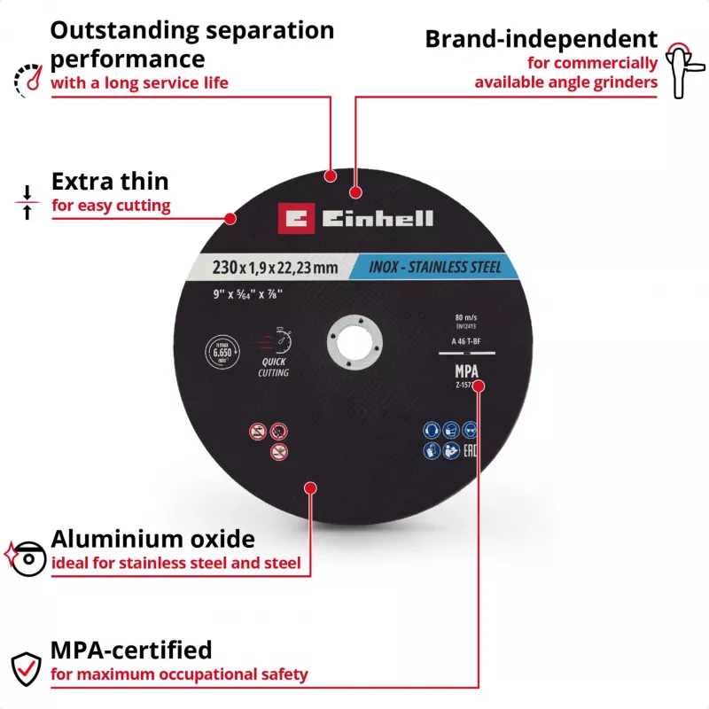 Einhell 230 x 2.0 mm Thin Cutting Discs for Angle Grinders, 10-Pack 711524